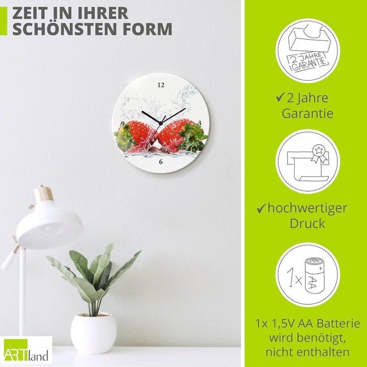 ARTLAND Wanduhr ohne Tickgeräusche Glas Quarzuhr Ø 30 cm Rund Lautlos Obst Früchte Erdbeere im Wasse