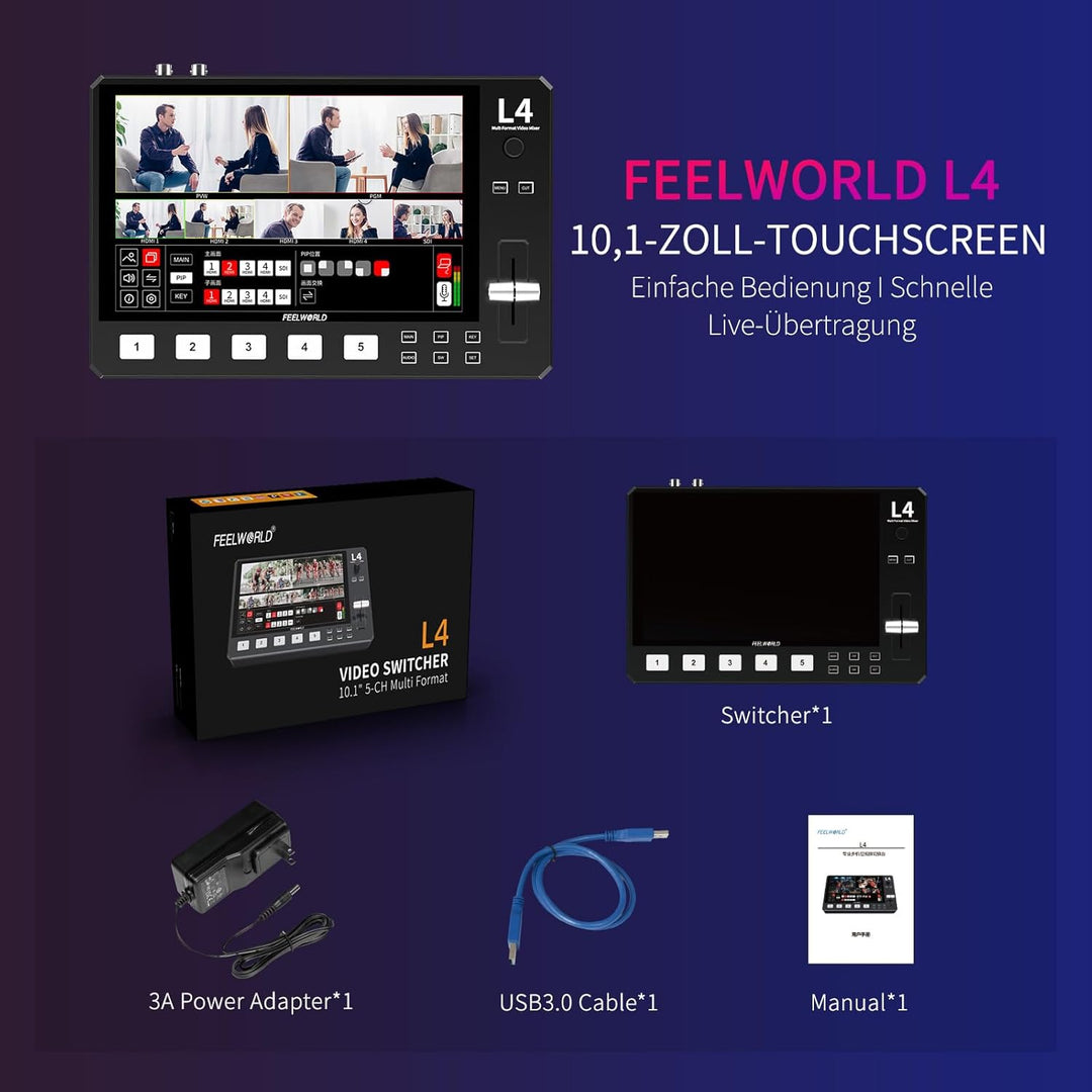 FEELWORLD L4 10,1 Zoll Touchscreen Video Switcher 10,1 Zoll Touchscreen, Echtzeit-Vorschau 5 Eingang