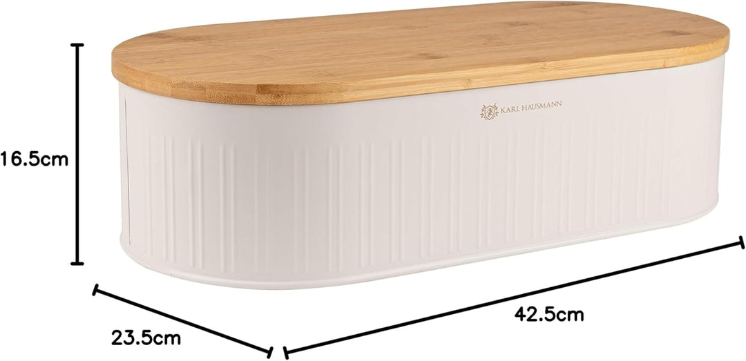 KARL HAUSMANN Brotkasten Weiss Metall mit Bambus Deckel - Hält Brot länger frisch | Grosse Brotbox z
