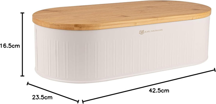KARL HAUSMANN Brotkasten Weiss Metall mit Bambus Deckel - Hält Brot länger frisch | Grosse Brotbox z