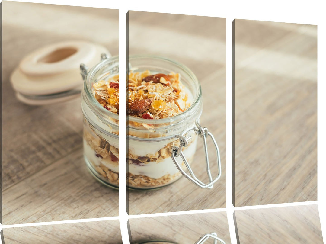 Jogurt Müsli im Glas als 3-Teiler Leinwandbild 120x80 Bild auf Leinwand, XXL riesige Bilder fertig g