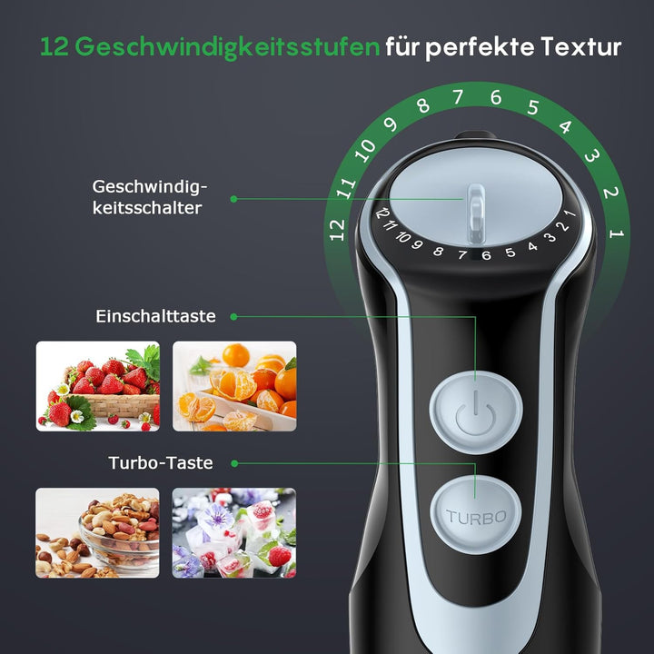 FRESKO Stabmixer, 1000W Edelstahl pürierstab mit 12 Geschwindigkeitsstufen, TURBO-Taste, 700ml Beche