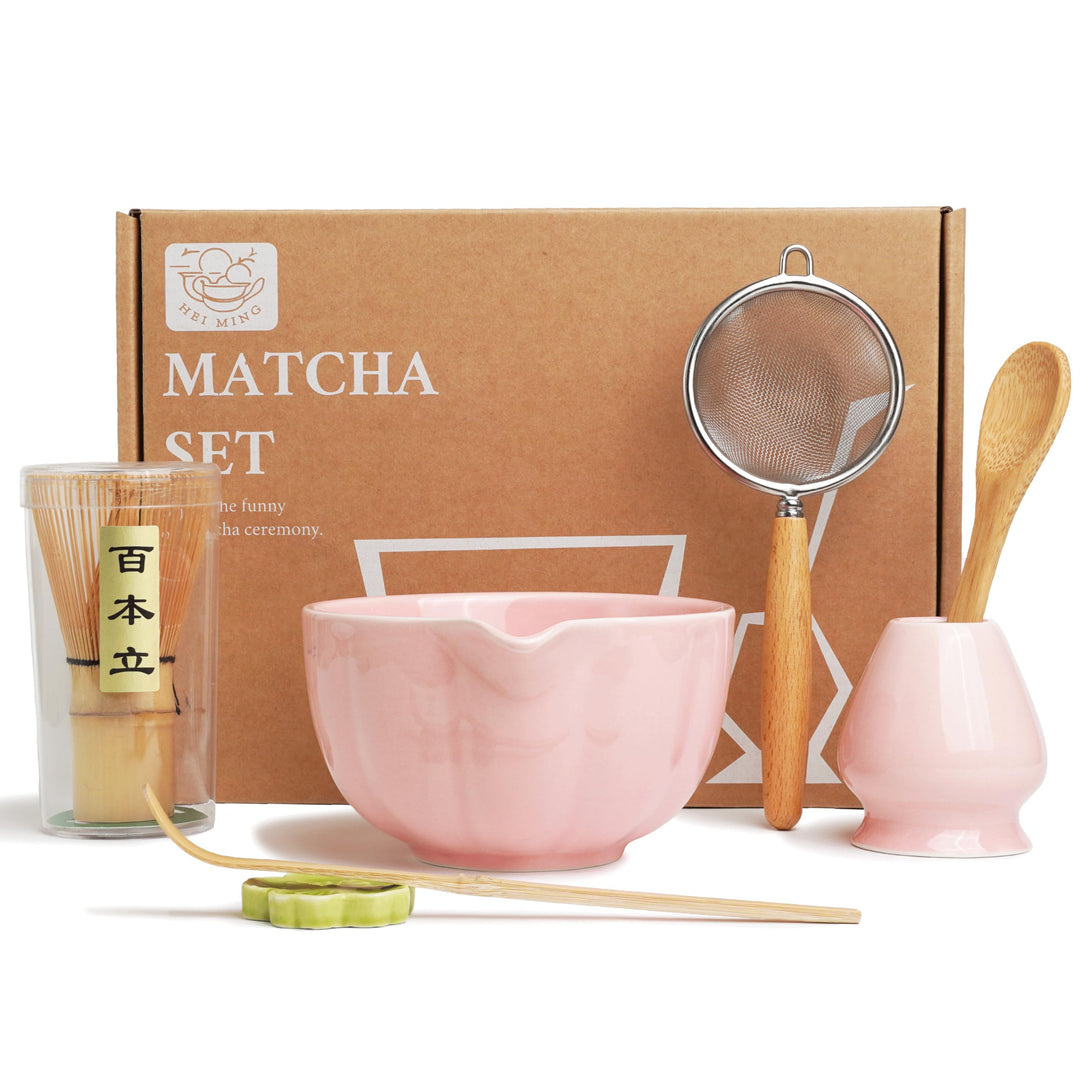 Premium Matcha Set 7-teilig – Exklusives Teezeremonie-Set mit Bambus-Chasen (Besen),Rosa Keramik-Sch
