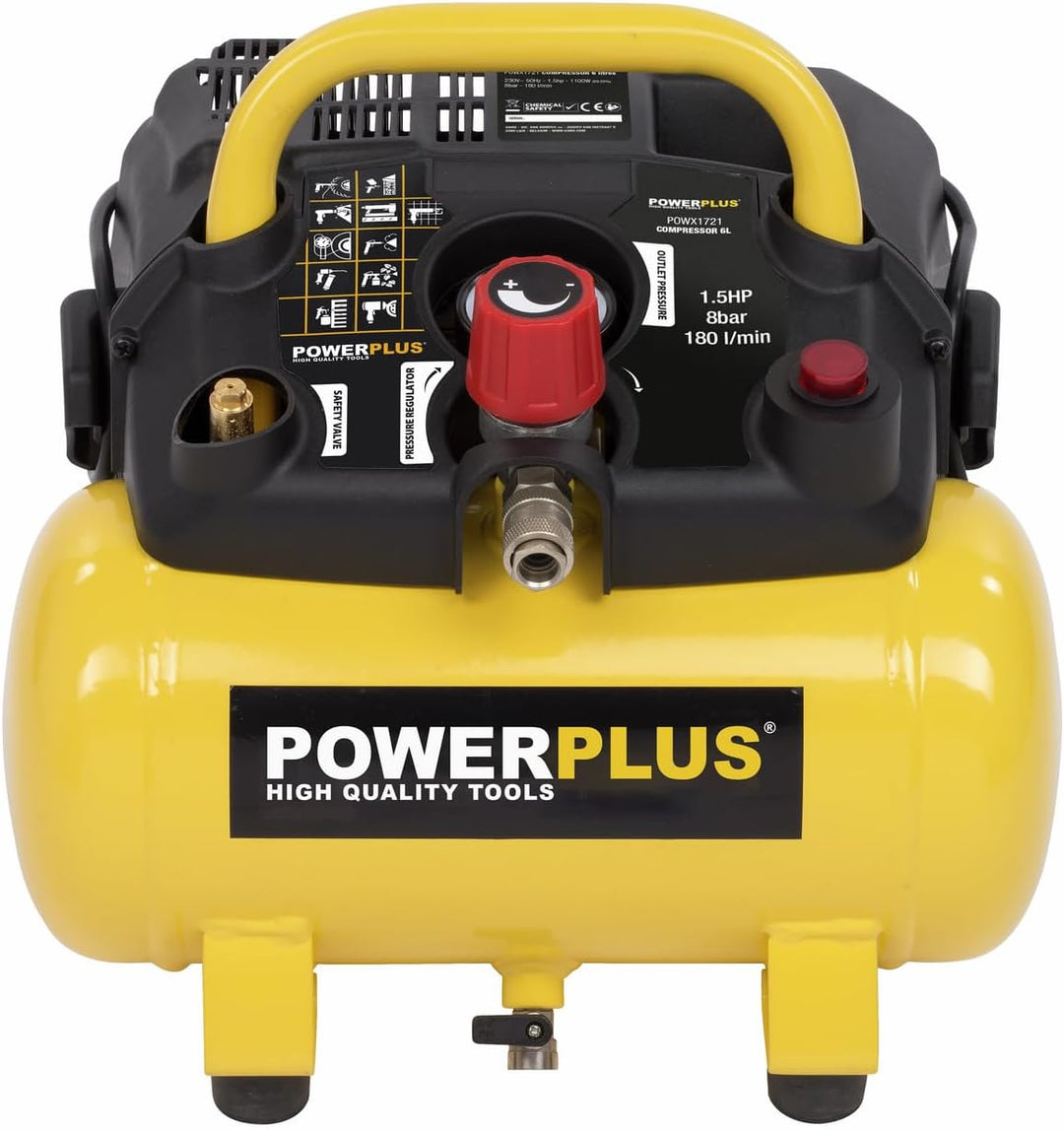 Powerplus kraftvoller Druckluft Kompressor 1.100 Watt Leistung, 1,5 PS, 6 Liter Tank - Art. Nr. POWX