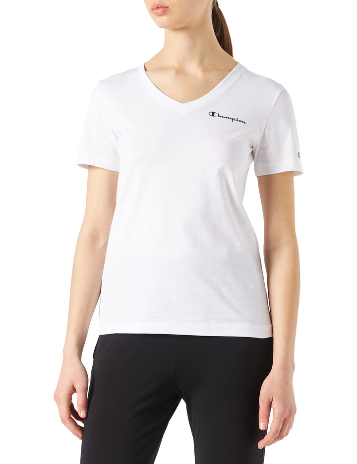 Champion Damen American Classics-Small Logo S/S V-Neck T-Shirt L Weiss, L Weiss