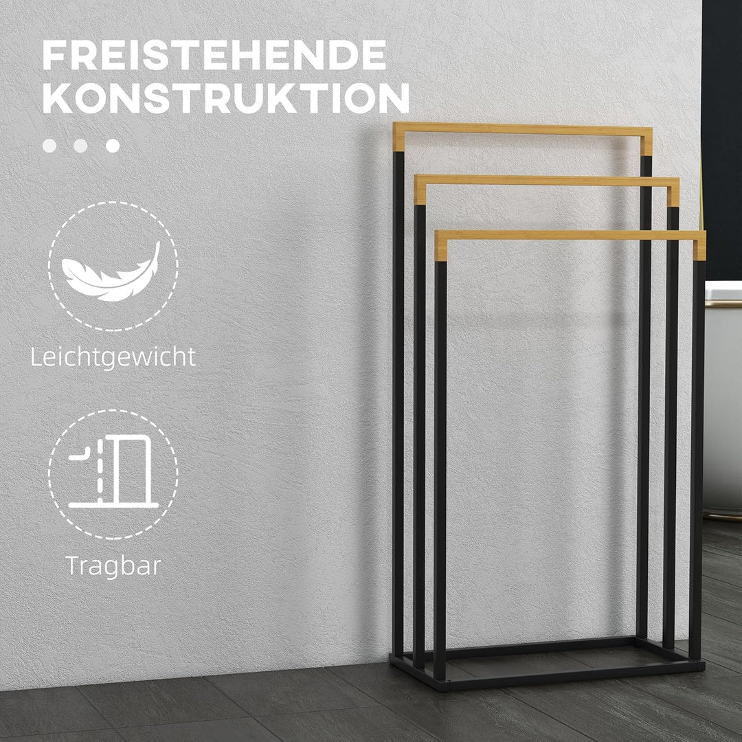 kleankin Handtuchhalter Stehend Handtuchständer mit 3 Handtuchstangen Badetuchhalter aus Stahl für B