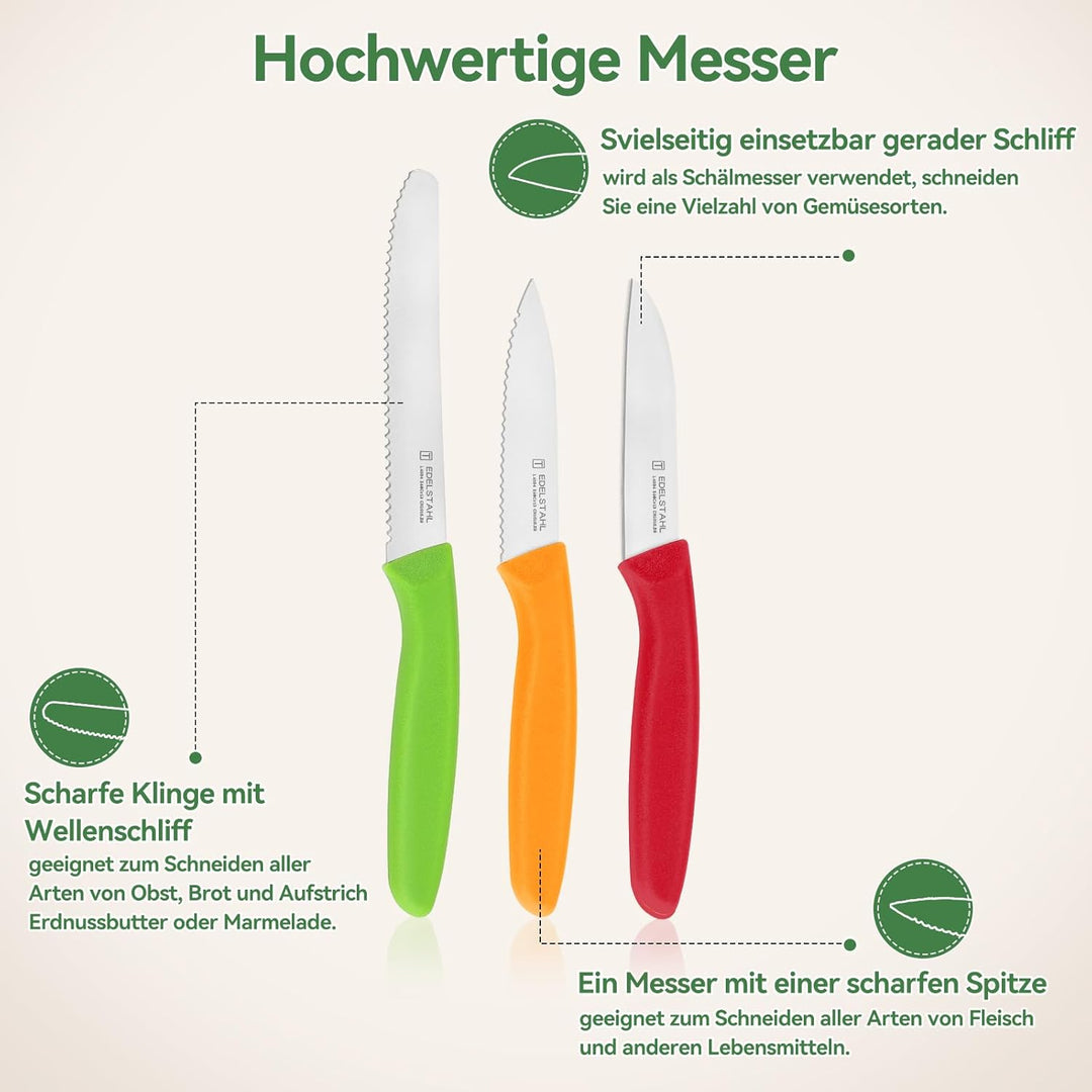 Classic Gemüsemesser-Set, 6-teilig, Obstmesser, Schälmesser mit Wellenschliff, Tomatenmesser, Scharf