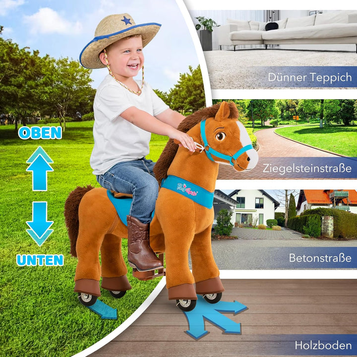 PonyCycle Pferd zum reiten, für Kinder 3–4 Jahre, 76cm Hoch, Reitpferd auf Rollen mit Handbremse, Sc