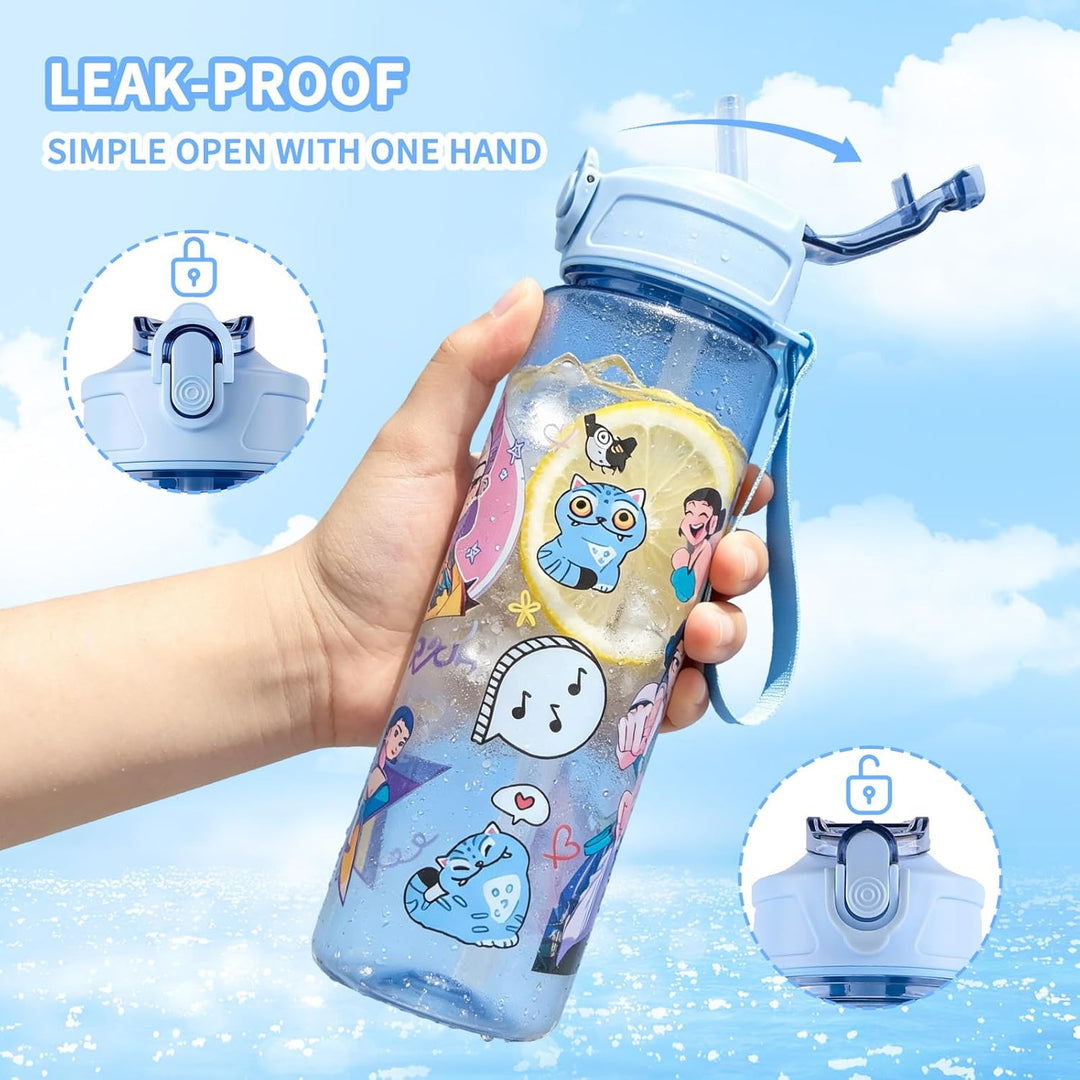 Trinkflasche 700 ml, mit Strohhalm – auslaufsicher & BPA-frei – doppelseitiges Cartoon Motiv, bruchf