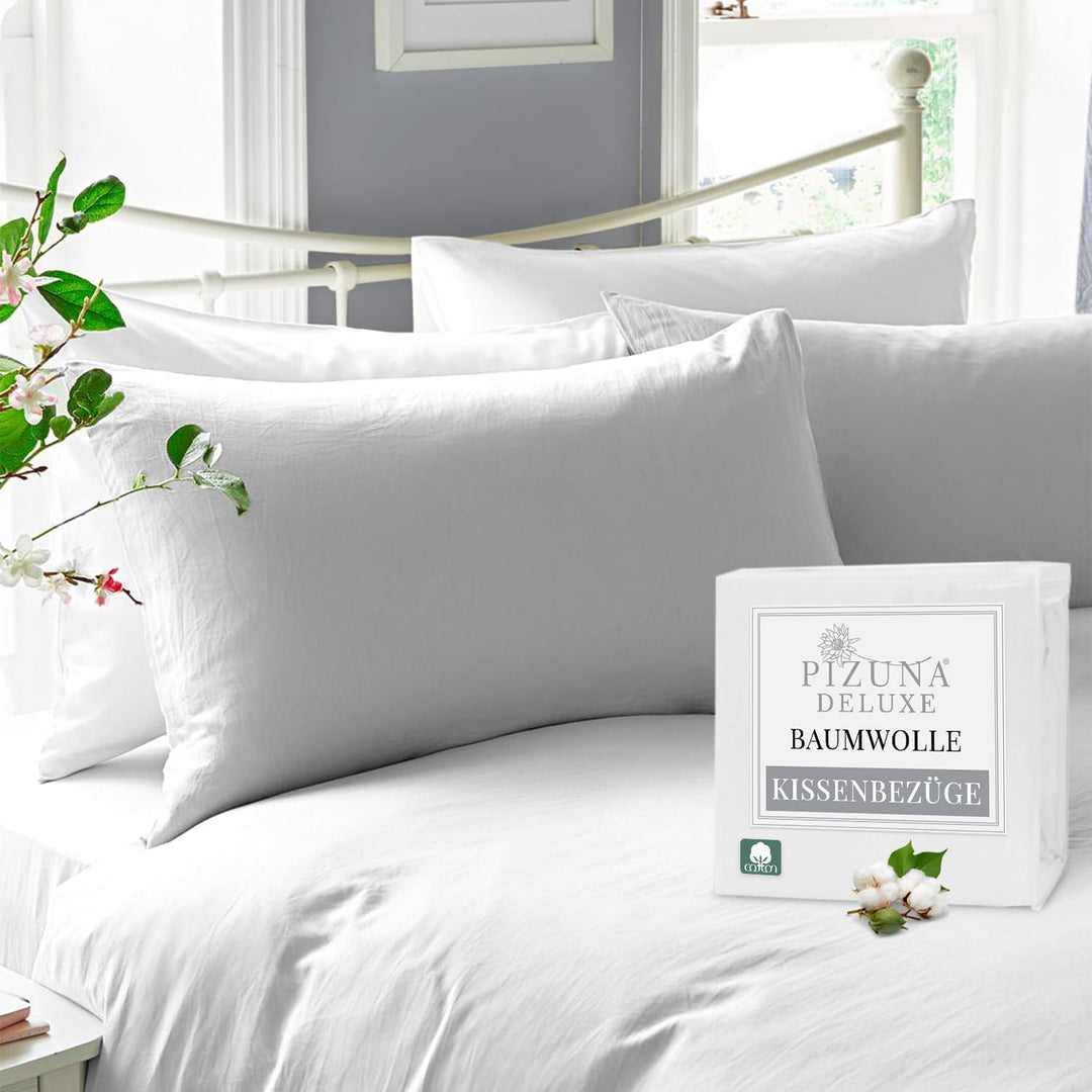 Pizuna Luxuriöser Soft-Satin 2er Pack Kissenbezug 40 x 80 cm Weiss, 600 Fadenzahl Baumwolle Kissenbe