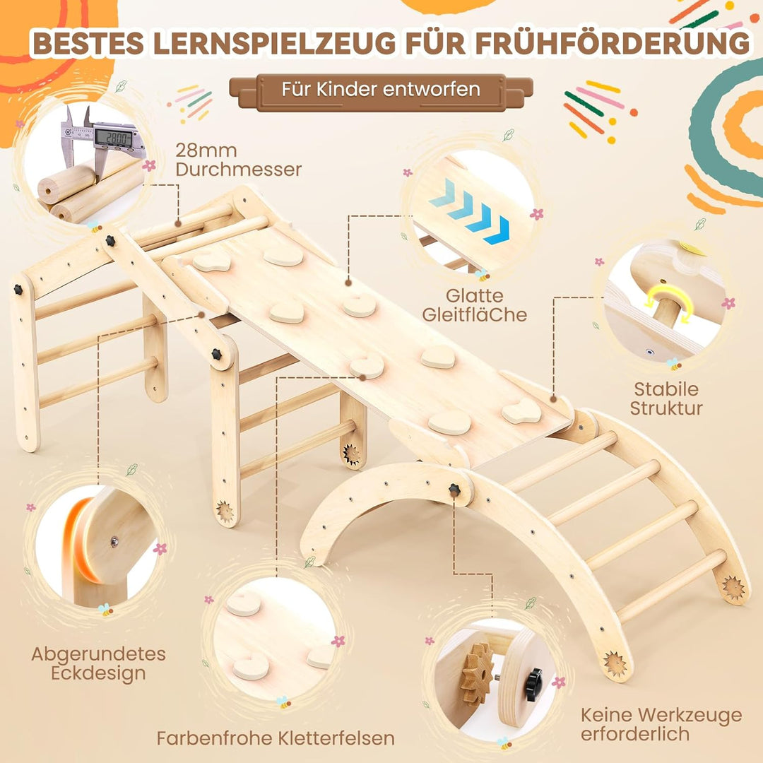 8-in-1 Montessori Klettergerüst Indoor Set, Verformbares Kletterdreieck mit Rutsche, Kletterbogen un