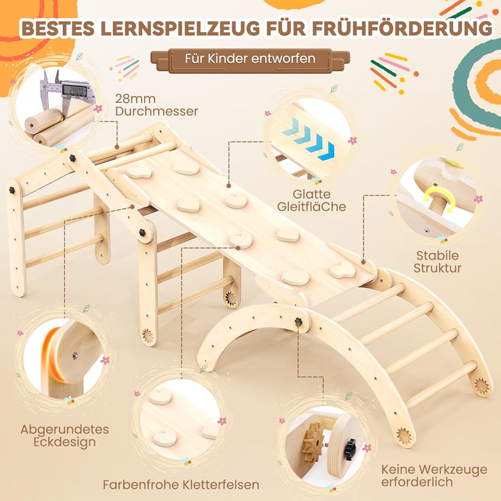 8-in-1 Montessori Klettergerüst Indoor Set, Verformbares Kletterdreieck mit Rutsche, Kletterbogen un