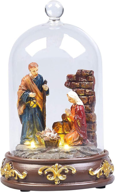 Lunartec Mini Krippe: 2er-Set Weihnachtskrippen mit Glasglocke, LED-Beleuchtung, handbemalt (Miniatu