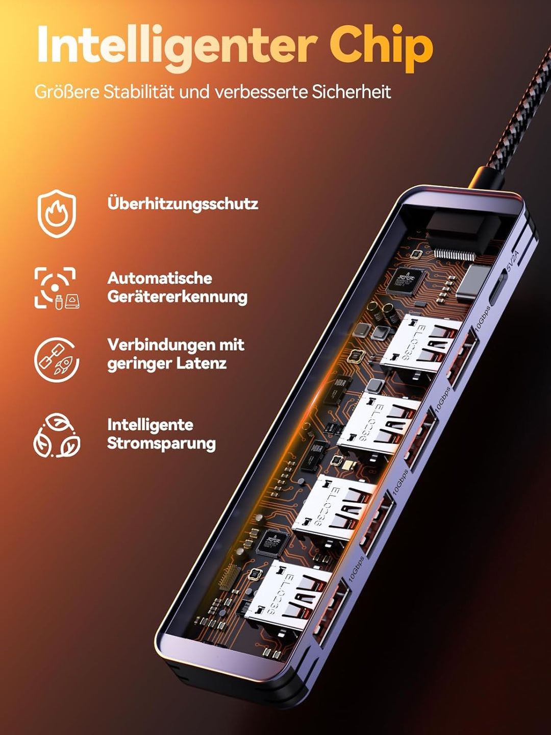 USB Hub 3.2 Gen2, QUUGE 5-in-1 USB Verteiler mit 4 Ports USB-A 10Gbps, Multiport Adapter Splitter mi