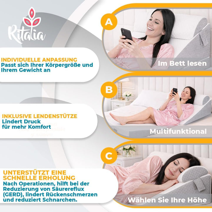 Ritalia Keilkissen 60x60x30 cm Grau | 3 Höhen | Rückenkissen Bett, Venenkissen, ergonomisches Sitzki