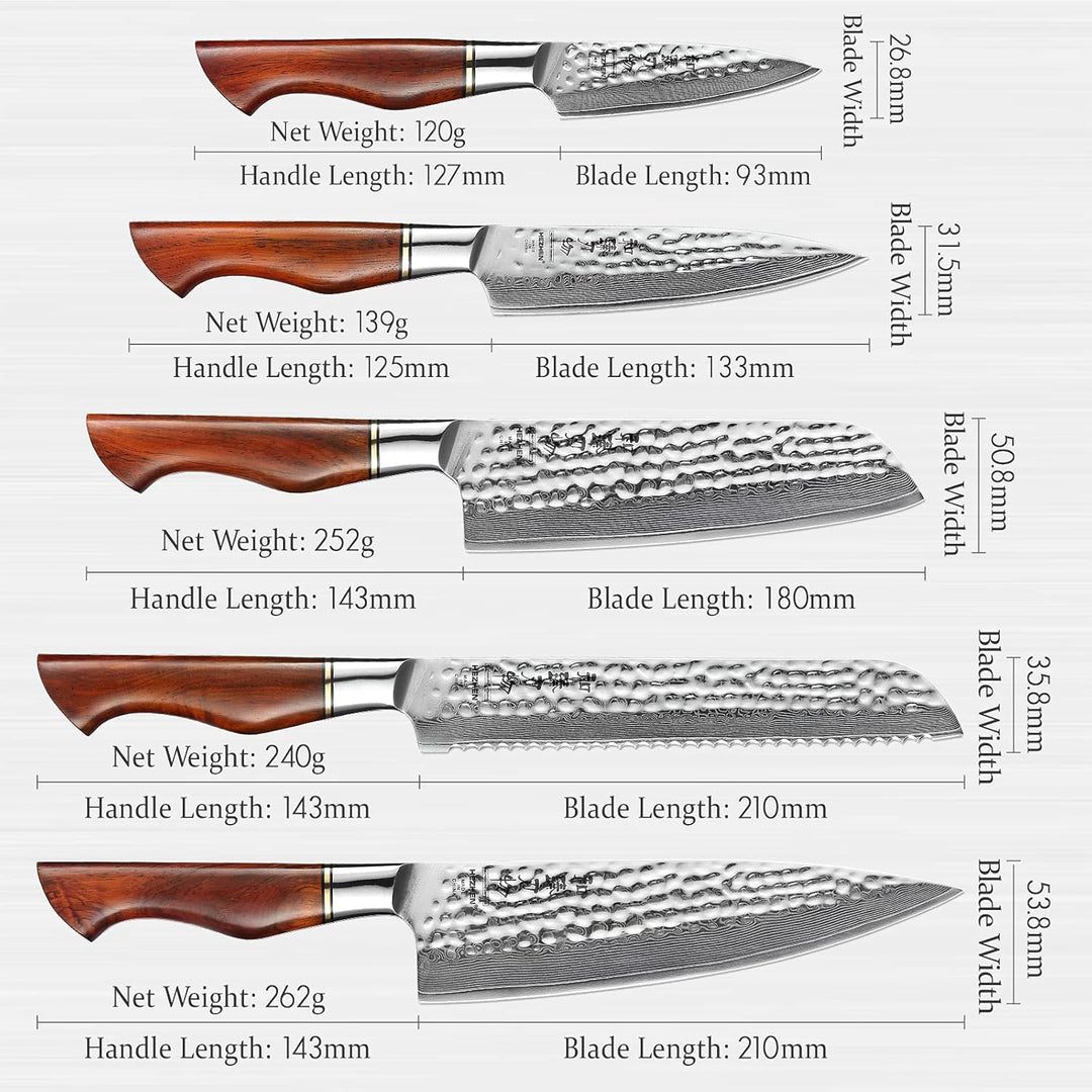HEZHEN Damastmesser Set, 73 Lagen Damas Stahl Küchenmesser, Profi Kochmesser Set, Santoku Brotmesser