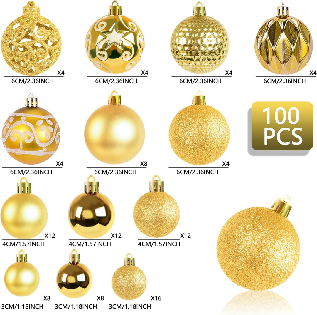 Ywlake Weihnachtskugel Ornamente Set für Weihnachtsbaum, 100-pcs Weihnachtsbaum Dekorationen Set Bru