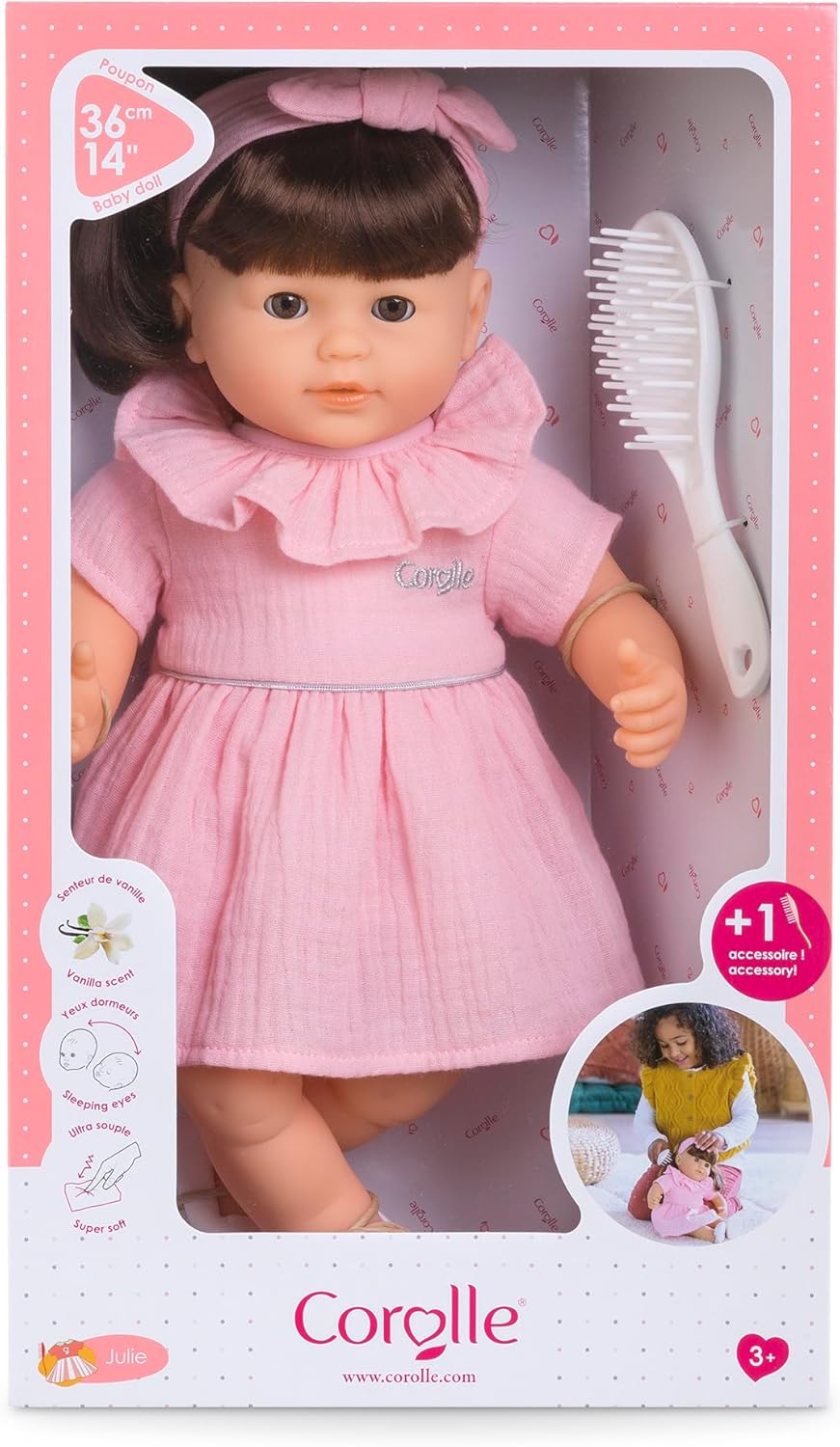 Corolle Mon Grand Poupon Julie, 36cm Weichkörperpuppe mit langem braunen Haar, inkl. Bürste, Schlafa