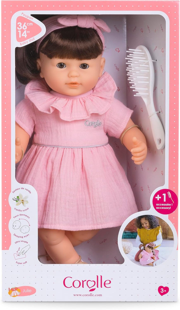 Corolle Mon Grand Poupon Julie, 36cm Weichkörperpuppe mit langem braunen Haar, inkl. Bürste, Schlafa
