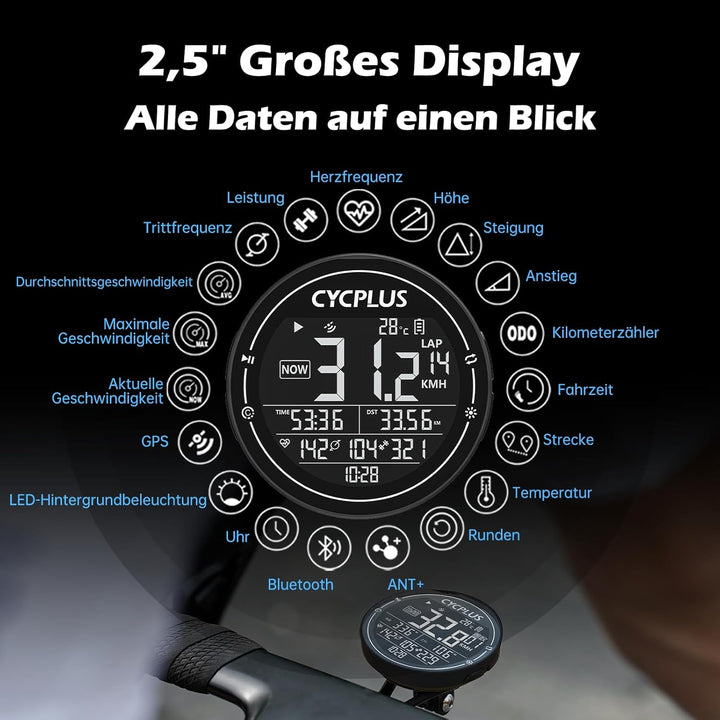 CYCPLUS Fahrradcomputer GPS Fahrradtacho Kabellos, Wasserdicht IPX6 Fahrrad Computer ANT+ Drahtloser