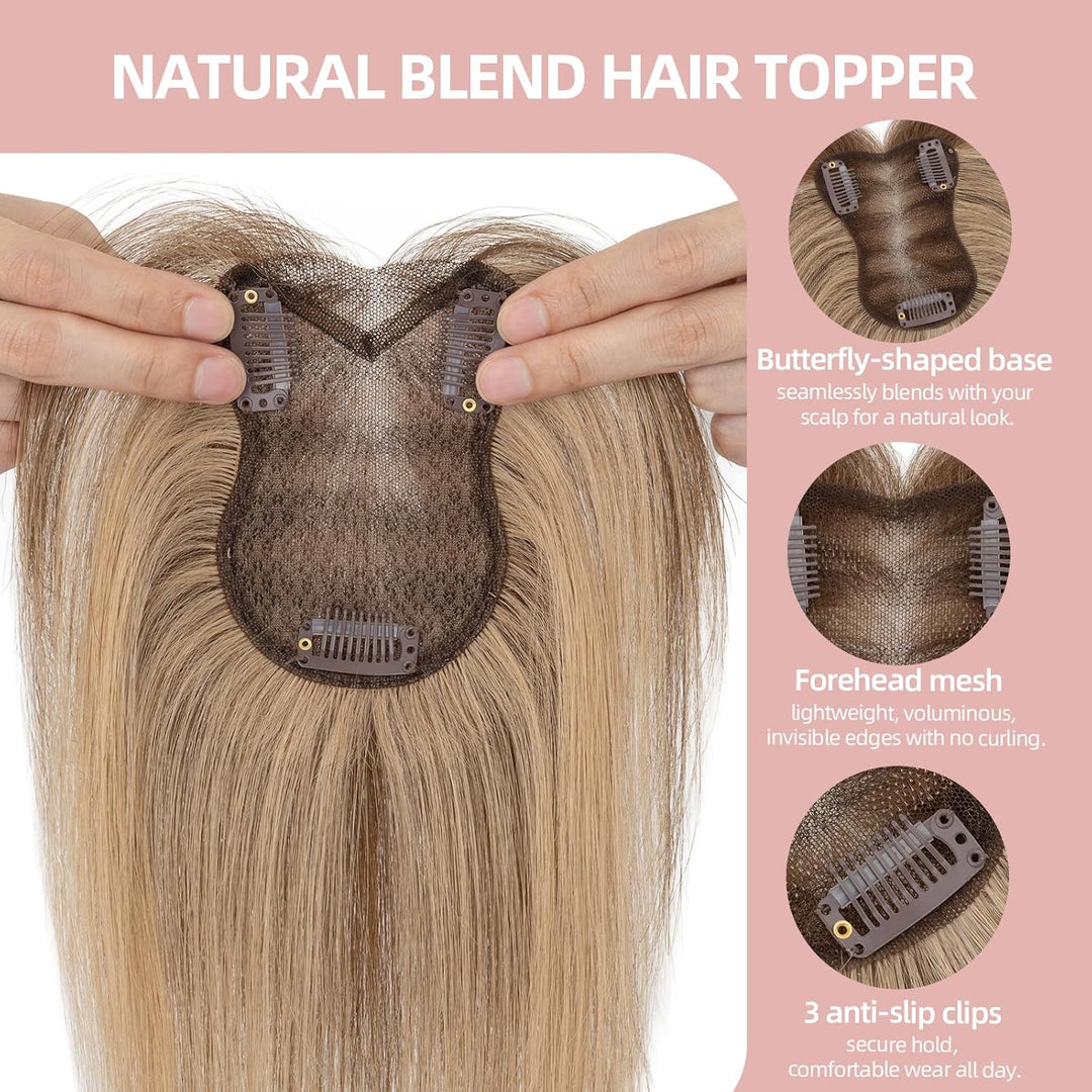 Silk-co Hair Topper Echthaar 21g, 8x11cm handgebunden Basis Toupet Damen, Clip in Haarteile mit Spit