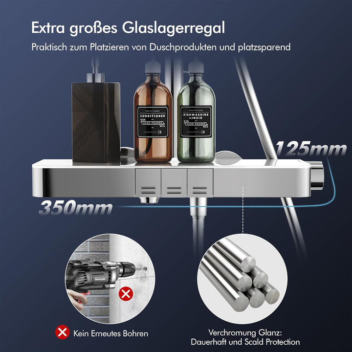 HOMELODY Duschsystem mit Thermostat und Glasablage, Duscharmatur Komplettset mit 30cm Kopfbrause, Hö