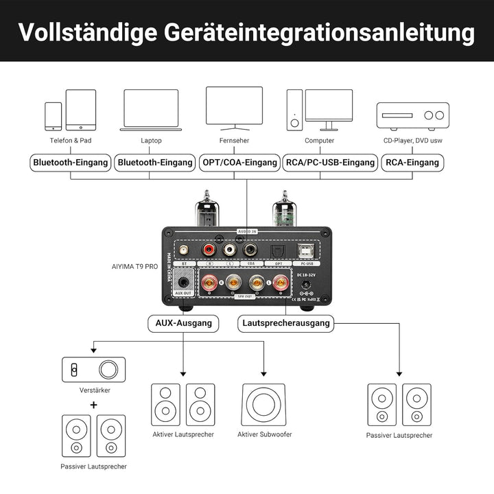 AIYIMA T9PRO JAN5725 Vakuumröhrenverstärker 100Wx2 TPA3250 Stereo-USB-DAC-Verstärker QCC3031 Bluetoo