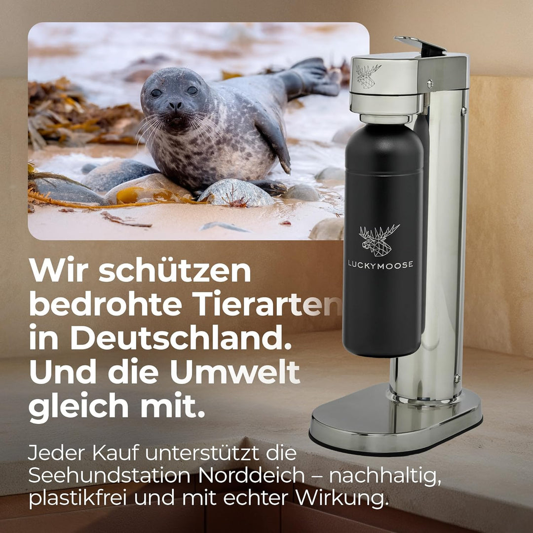 Luckymoose Infinity-S Wassersprudler aus hochwertigem Edelstahl (Silver/Black) – inkl. 2x 1,25L Edel