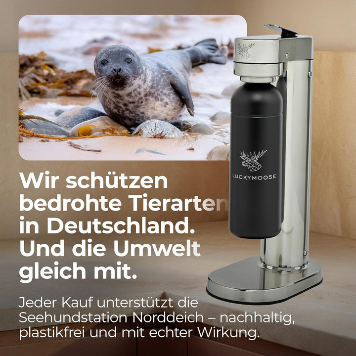 Luckymoose Infinity-S Wassersprudler aus hochwertigem Edelstahl (Silver/Black) – inkl. 2x 1,25L Edel