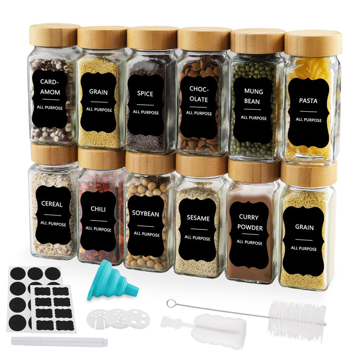 Spice Jars Square Set [12 Pieces] with Bamboo Lid, 120 ml Spice Jars, Spice Shaker Spice Jars Spice