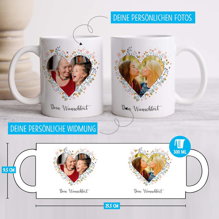 OWLBOOK® Personalisierte Tasse mit 2 Fotos & Spruch selbst gestalten | Fototasse mit eigenem Bild &