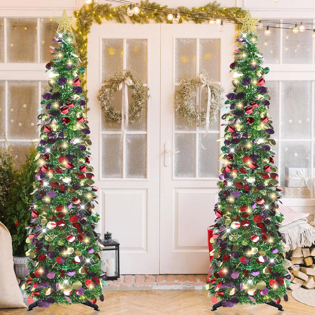 HMASYO 150 cm Pop-Up Lametta Weihnachtsbaum mit 50 Timer-Lichtern, Buntes Grün Zusammenklappbarer Kü