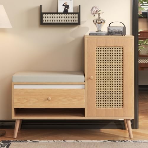 Merax Schuhschrank mit Rattan-Optik und Sitzbank – Multifunktionale Garderobenbank mit Schubladen &
