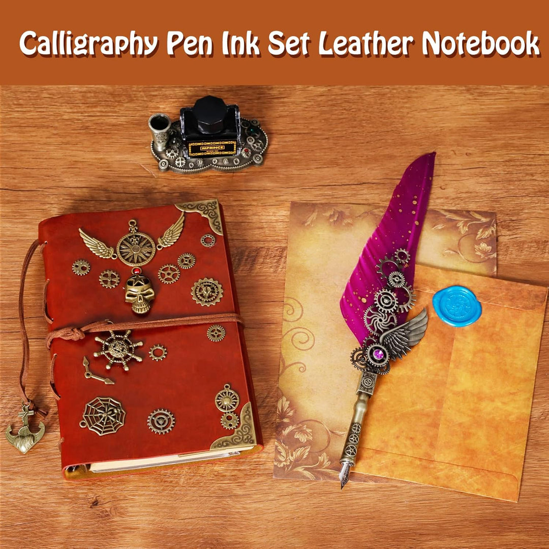 MPRINCE Schreibfeder Tinte Set Leder Notizbuch, Quill Stift Tinte Set mit Quill Stift, Notizbuch, 5