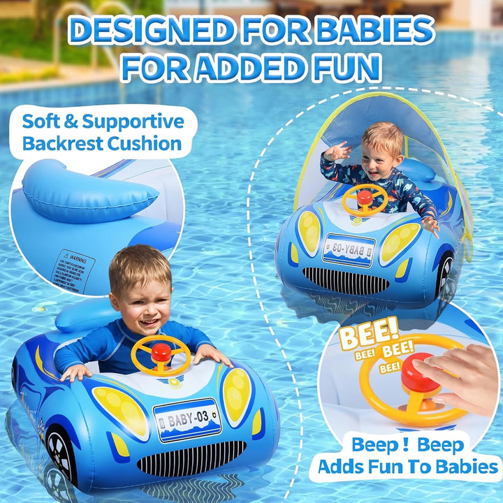 Schwimmring Baby mit Sonnendach und Dual Airbag Ninonly Aufblasbare Schwimmring Baby Auto mit UPF50+