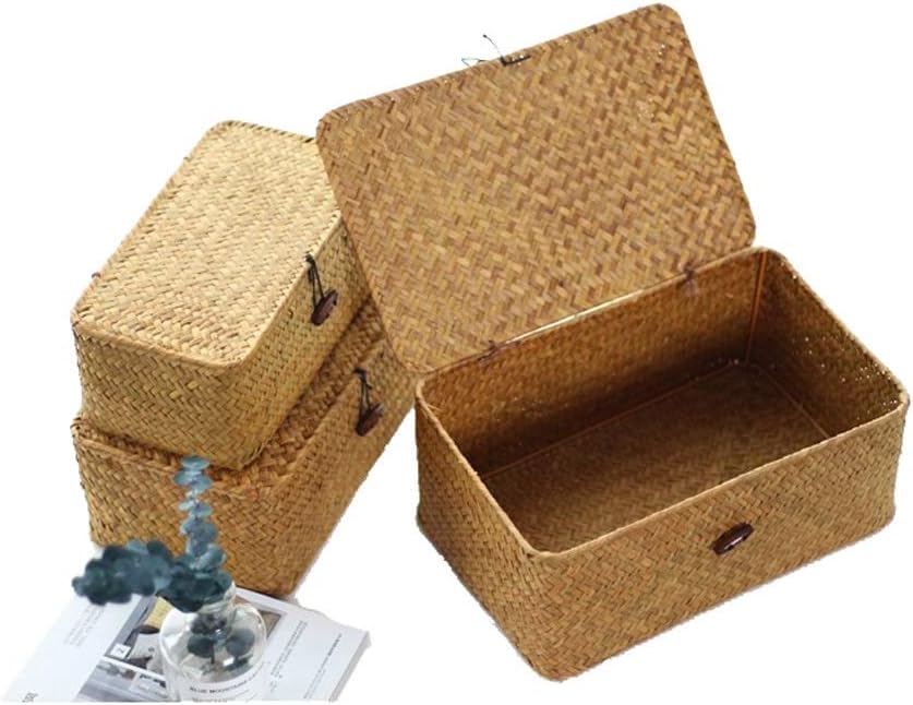 Rattankorb Aufbewahrungskorb aus Seegras Aufbewahrungsbox mit Deckel Dekobox Natürliches Material 3