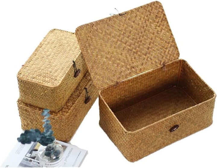 Rattankorb Aufbewahrungskorb aus Seegras Aufbewahrungsbox mit Deckel Dekobox Natürliches Material 3