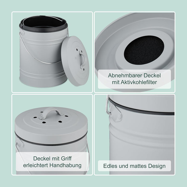Relaxdays Komposteimer Küche, 5 l, Kleiner Mülleimer, Deckel und Geruchsfilter, Abfalleimer Biomüll,