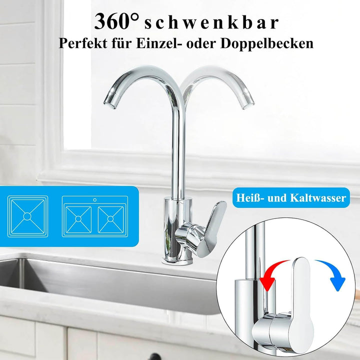 Küchenarmatur Chrom Wasserhahn Küche 360° Drehung Wasserhahn Küche Edelstahl Spültischarmatur mit Ho