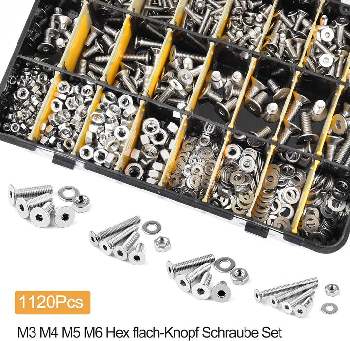 VIGRUE 1120PCS M3 M4 M5 M6 Senkkopfschrauben mit Innensechskant Hex flach-Knopf Schraube Set A2-70Ed
