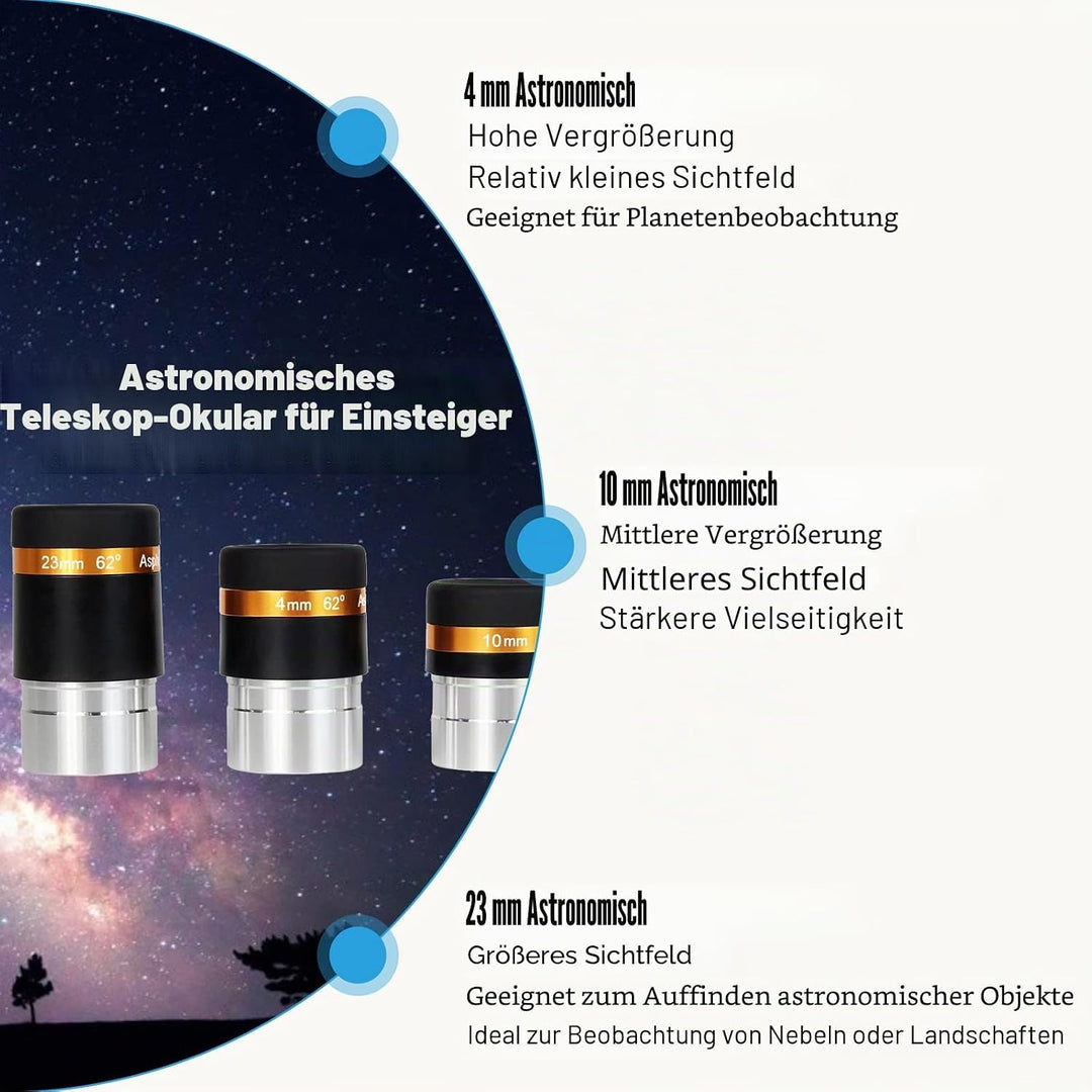 Svbony Teleskop Okular Set, 1,25” Planeten Okular Set 4mm 10mm 23mm 62° Weitwinkel Okular Scharfe Bi