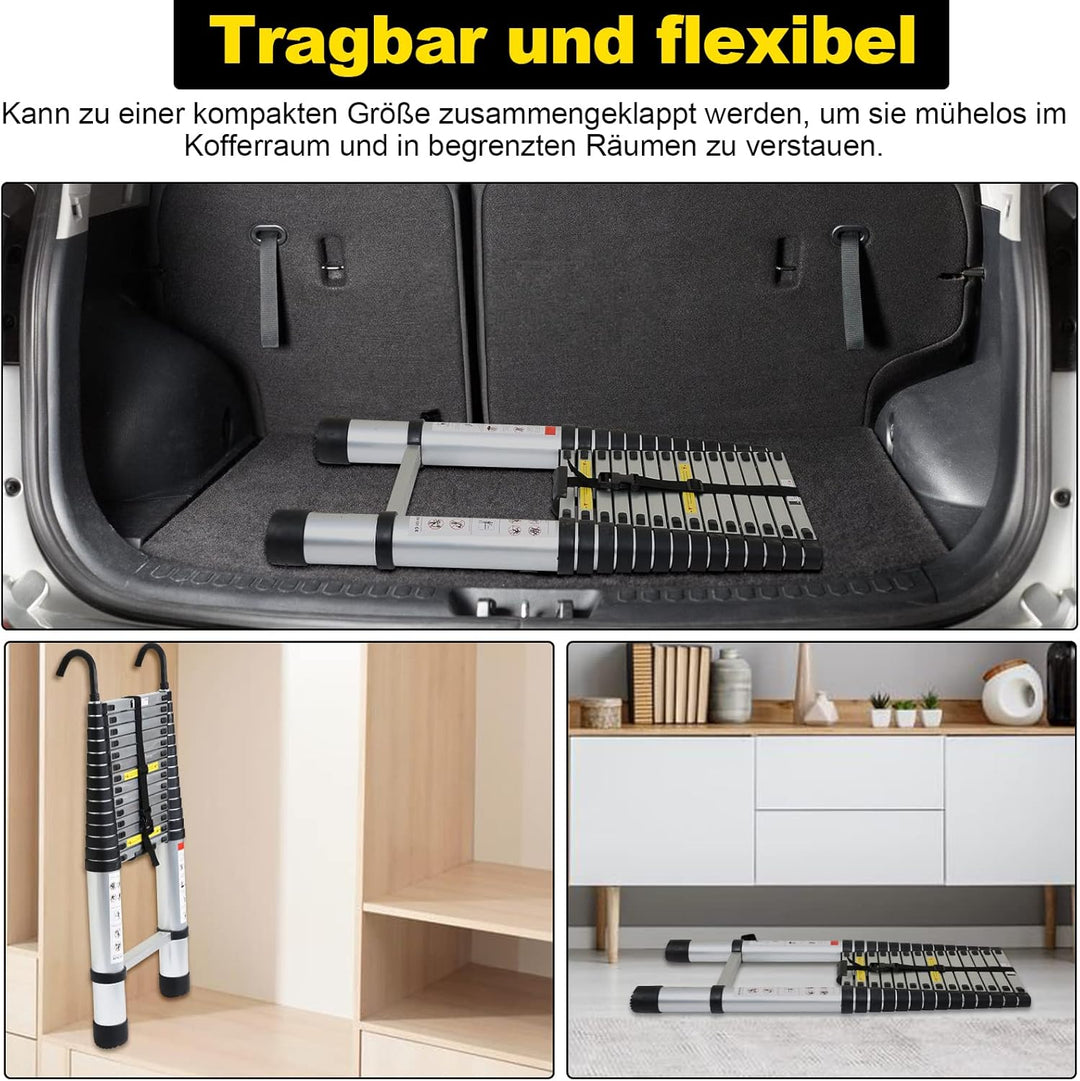 Herrselsam 2.6M Aluminium Teleskopleiter, Ausziehbare Leiter mit 2 Abnehmbarem Haken, Multifunktions