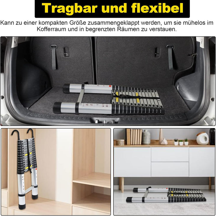 Herrselsam 2.6M Aluminium Teleskopleiter, Ausziehbare Leiter mit 2 Abnehmbarem Haken, Multifunktions