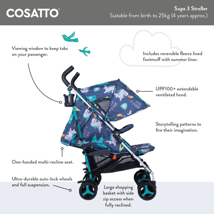 Cosatto Supa 3 Pushchair – Lightweight Stroller from Birth to 25kg - Compact Fold, Shopping Basket,