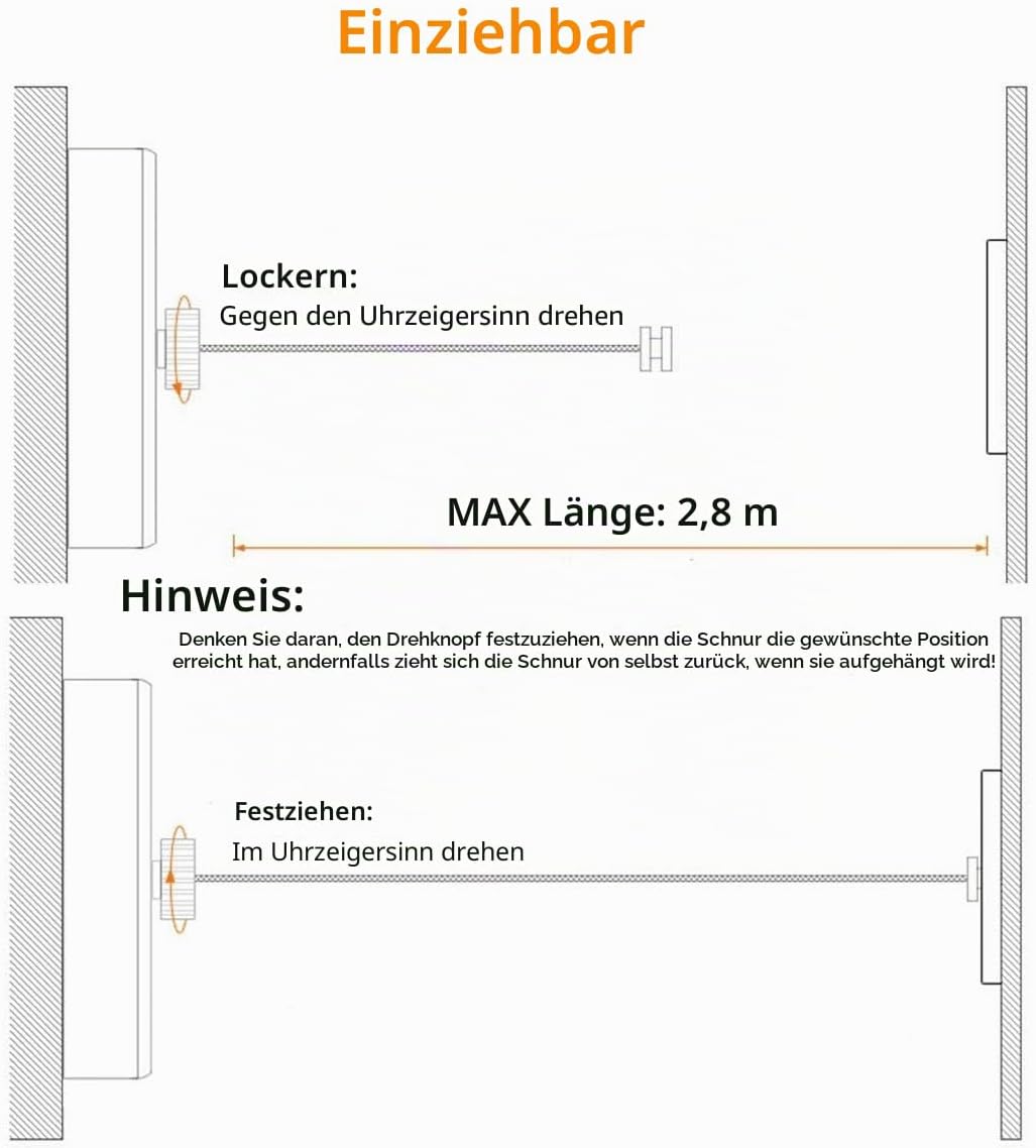 Einziehbare Wäscheleine für den Innenbereich, Wäscheleine, 2,7 m (max.) zum Aufhängen und Trocknen i