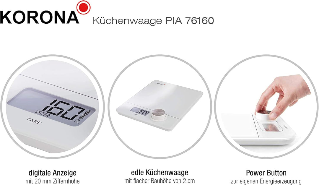 Korona 76160 Elektrische Küchenwaage Pia | Batterielos und umweltfreundlich dank Power Button | Weis