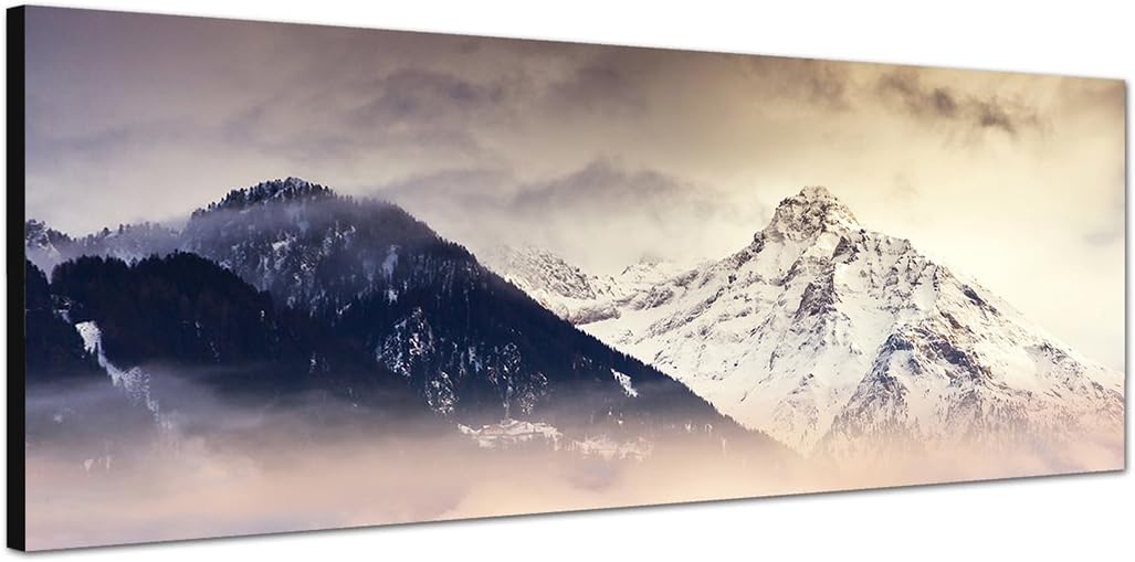 Paul Sinus Art Panoramabild auf Leinwand und Keilrahmen 150x50cm Berge Bäume Nebel Schnee Dämmerung