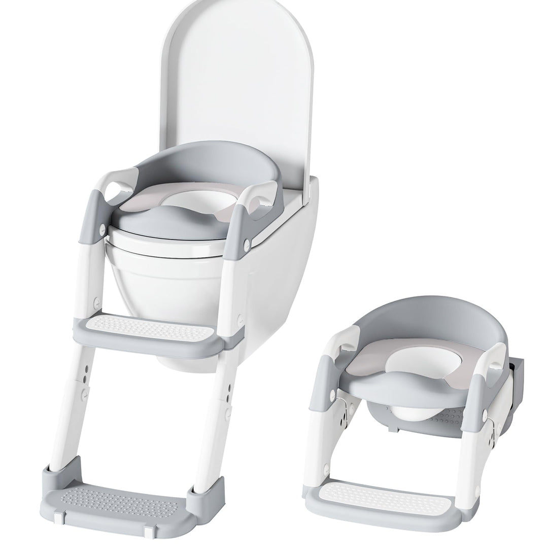 Toilettensitz Kinder mit Treppe, 2-in-1 Toilettentrainer für Kinder, WC Sitz mit PU Gepolsterter, Hö