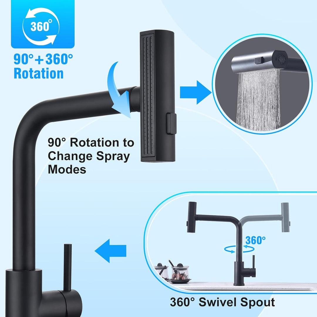 HOMELODY Wasserhahn Küche Schwarz, Küchenarmatur Ausziehbar mit 3 Strahlarten, Spültischarmatur mit