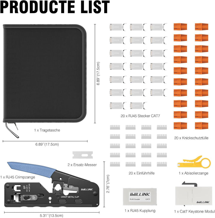 iwillink RJ45 Crimpzange Set mit 20 x Cat 7 Stecker | 1x Abisolierzange, 1x RJ45 Cat7 Kupplung,1x RJ
